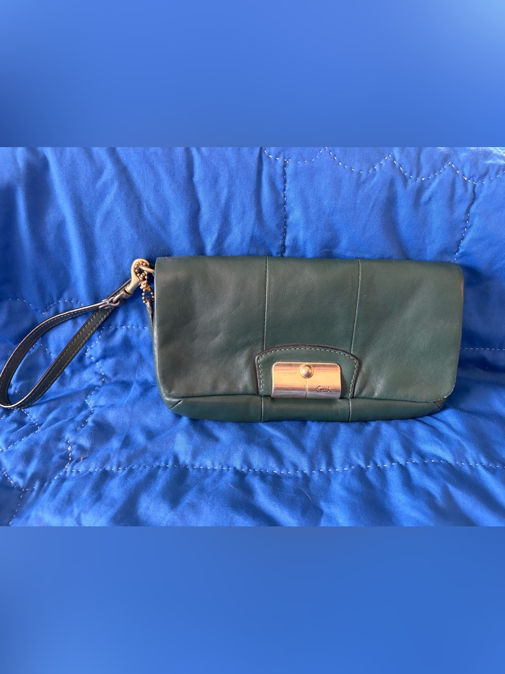 Coach Dark Green Leather Wristlet Clutch with Gold-Tone Lock